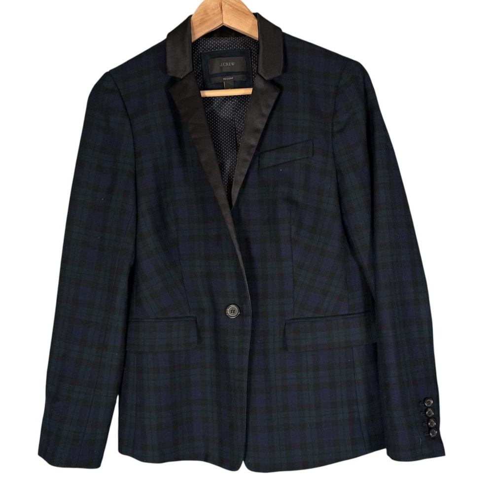 J. Crew Wool Regent Blazer Green Plaid Satin Collar Academia Professor